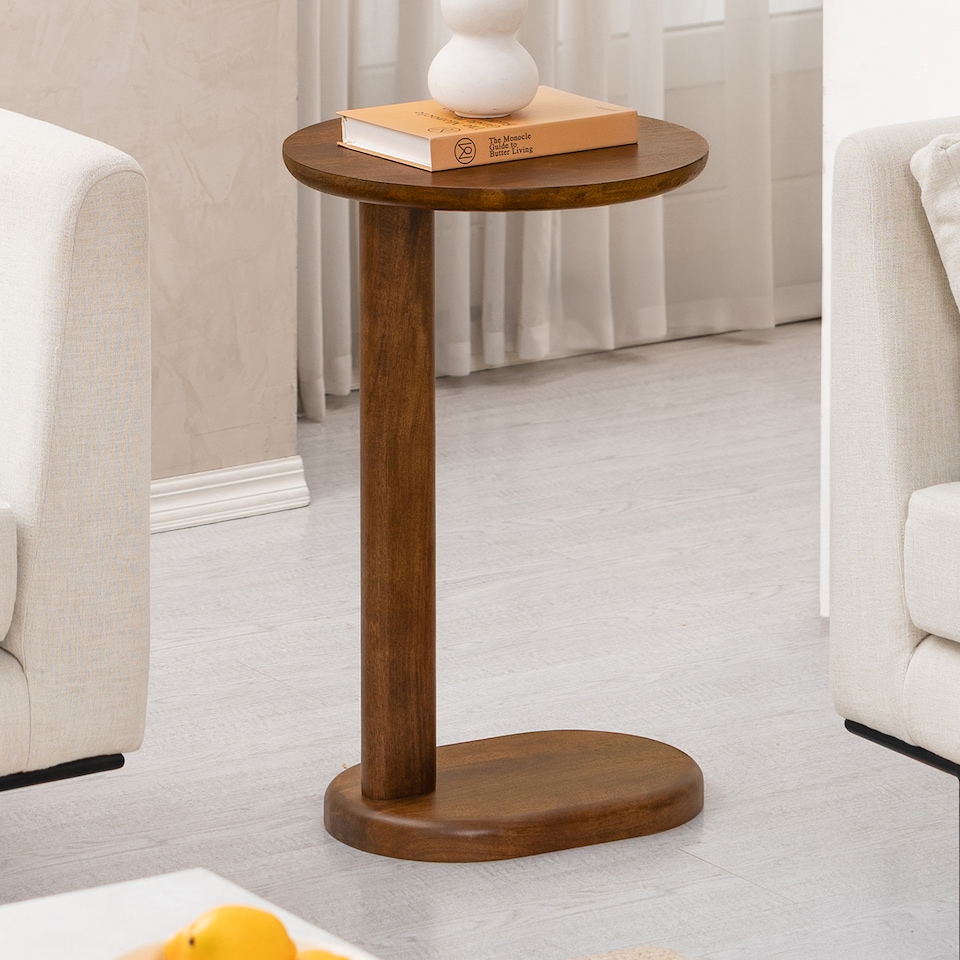 image 1 of Nora C-Shaped Solid Mango Wood Sofa Side Table for Living Room