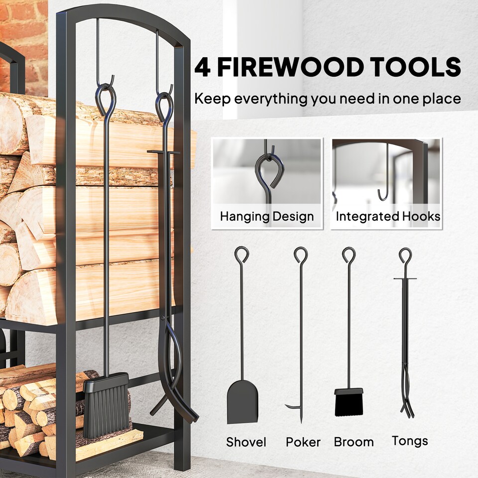 image 1 of Outsunny Metal Firewood Log Holder 2 Layer Firewood Rack Indoor Outdoor Fireplace Wood Storage Shelf with 4 Tools and Hooks, Black, 40L x 30W x 74.5H cm