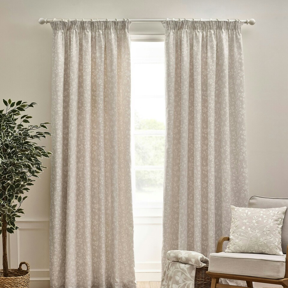 image 1 of Catherine Lansfield Brooke Floral 90x90 Inch Lined Pencil Pleat Curtains Natural