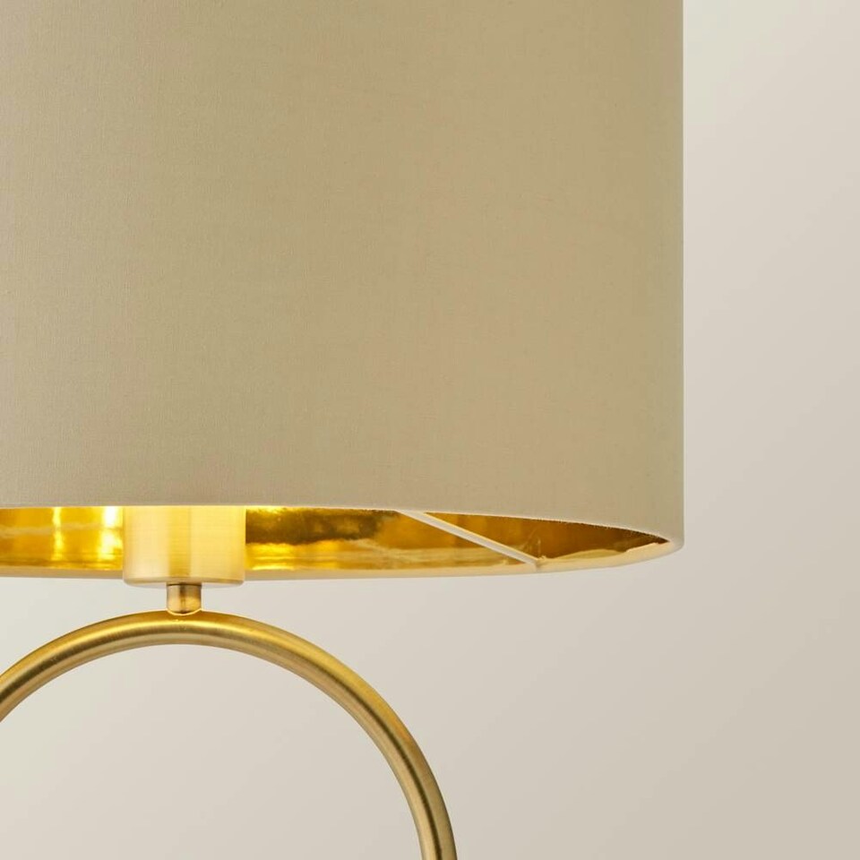image 1 of ValueLights Antonia Beige with Metallic Gold Inner Drum Shade Brushed Gold Oval Table Lamp Gold