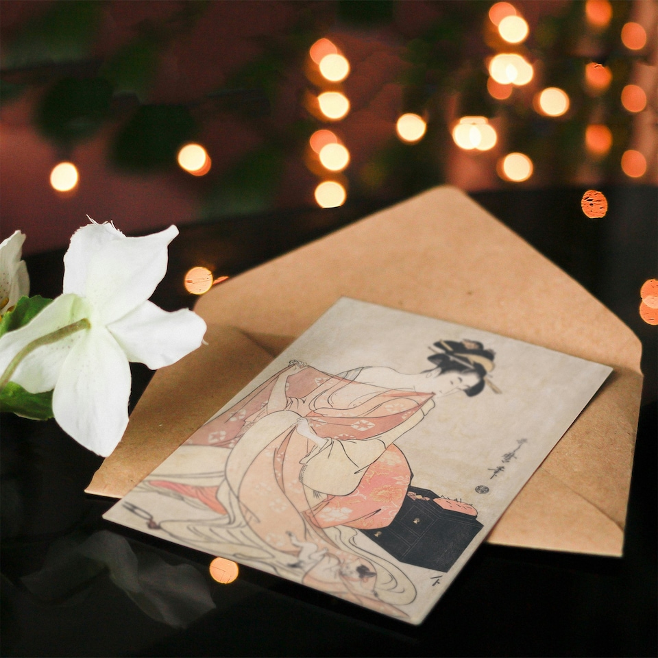 image 1 of Utamaro Kitagawa Art Card Woman And Cat Vintage Japanese