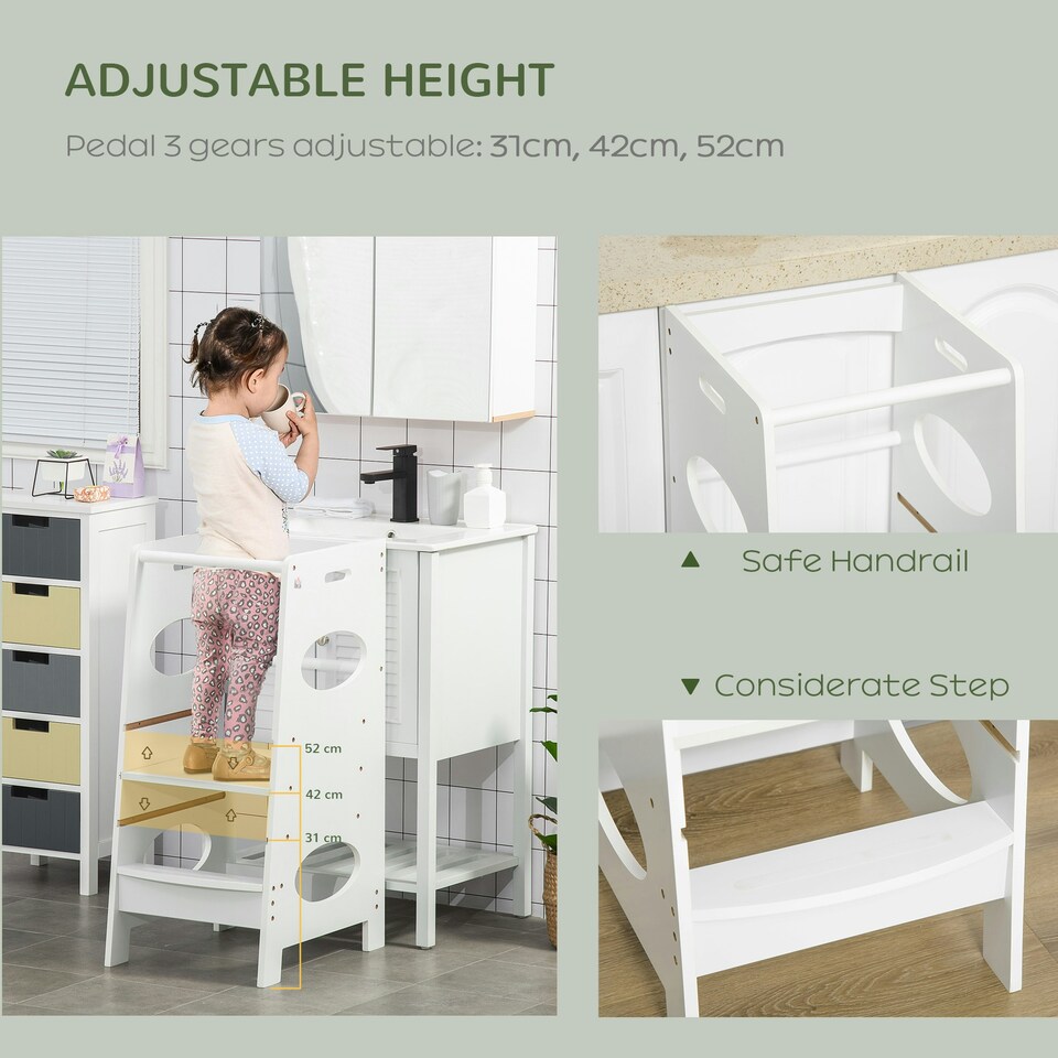 image 1 of HOMCOM Kids Step Stool Toddler Kitchen Stool w/ Adjustable Standing Platform White