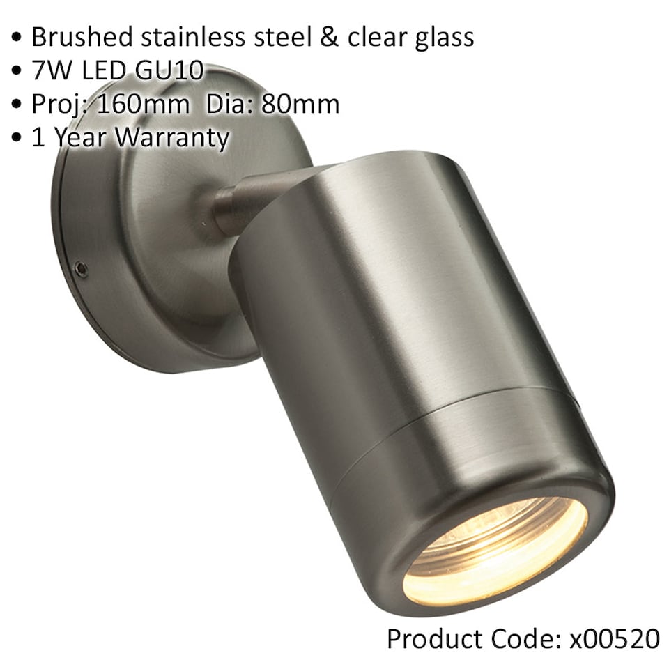 image 1 of Adjustable Outdoor IP65 Wall Spotlight - 7W LED GU10 - Brushed Stainless Steel