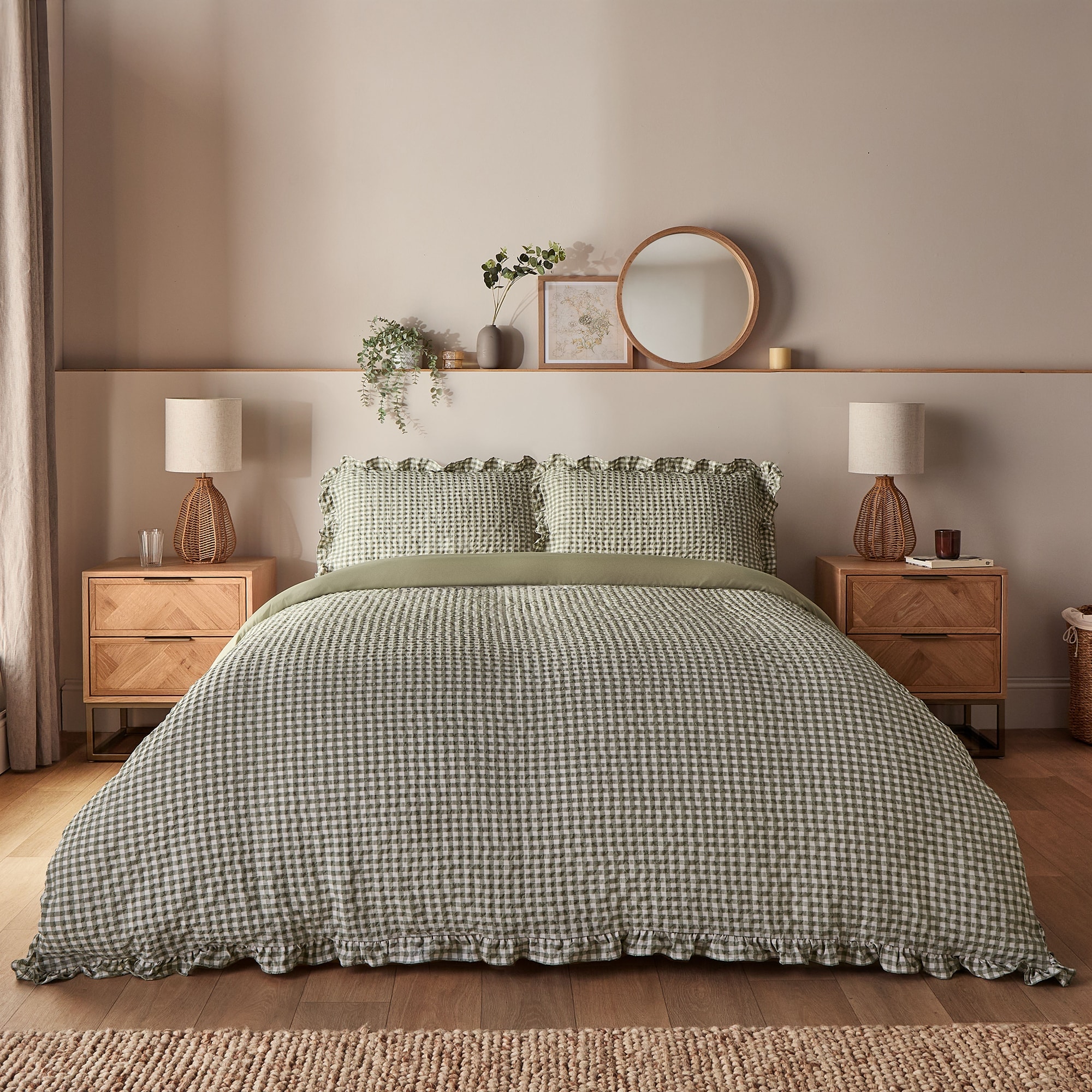 Silentnight Supersoft Duvet Cover Set, Gingham Ruffle, Sage
