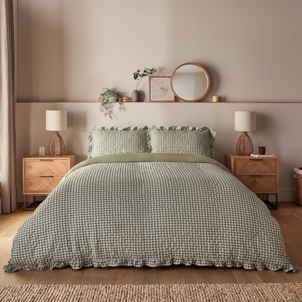 image 1 of Silentnight Supersoft Duvet Cover Set, Gingham Ruffle, Sage