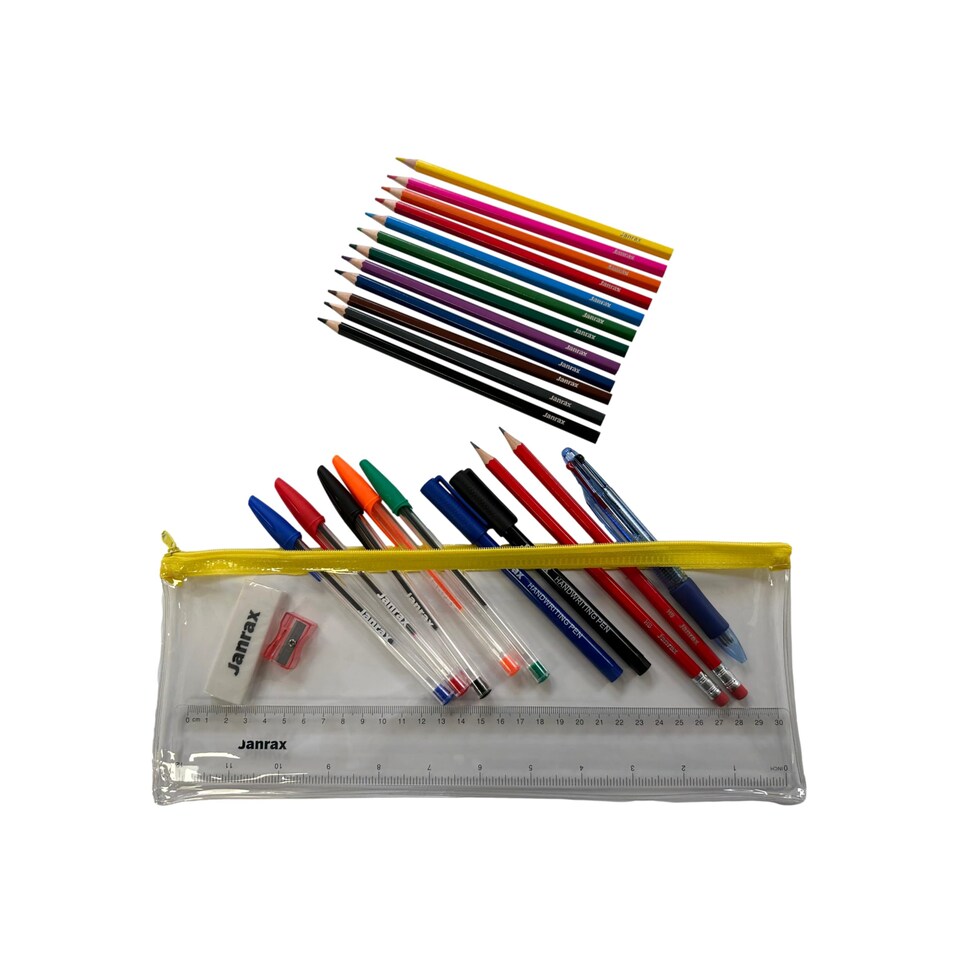 image 1 of Stationery Filled Yellow Zip 13x5" Pencil Case with Colouring Pencils