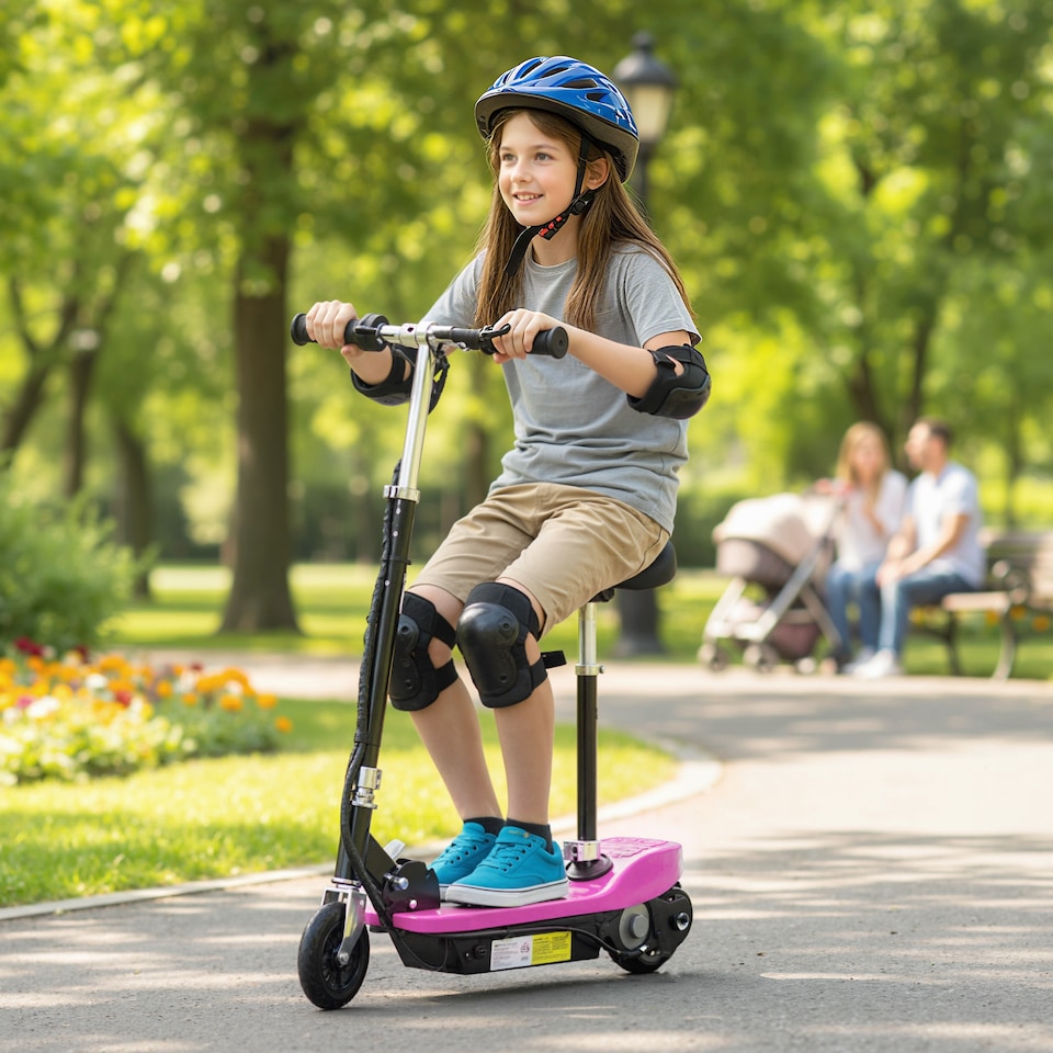 image 1 of HOMCOM Foldable Powered Scooter 120W w Adjustable Seat and Brake | Pink