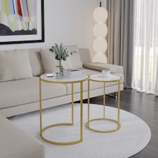 2 Piece Round Nesting Side Tables Set Tempered Glass Top Metal Leg Coffee Tables | Multi | Gold Legs Transparent Glass