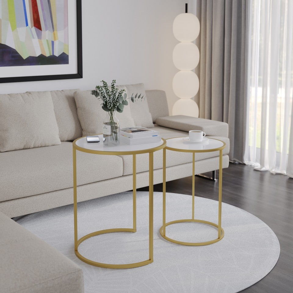 image 1 of 2 Piece Round Nesting Side Tables Set Tempered Glass Top Metal Leg Coffee Tables | Multi | Gold Legs Transparent Glass