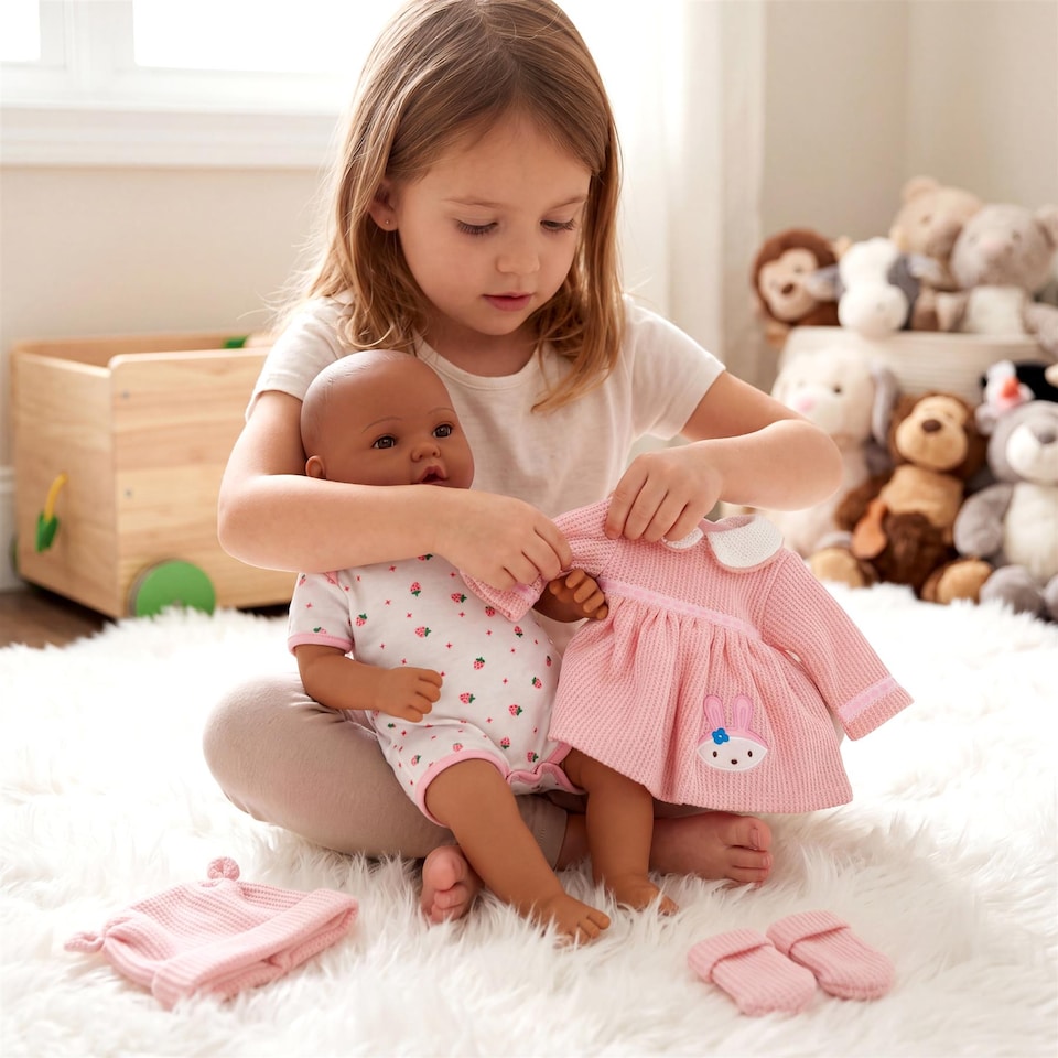 image 1 of BiBi Doll Reborn Baby Girl Clothes Set Pink Bunny Dress Outfit for 20 inch Dolls