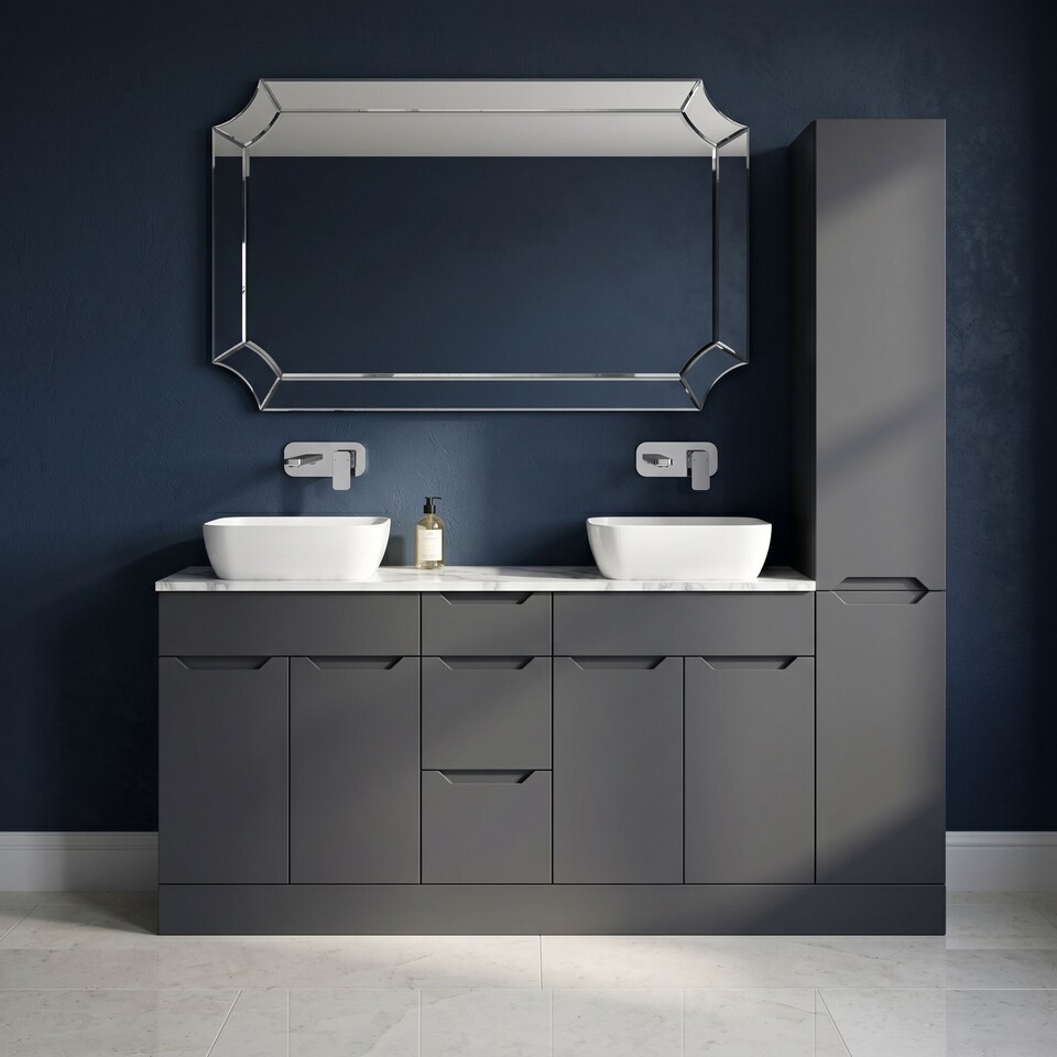 image 1 of Balterley Teddesley Floor Standing 4 Door 3 Drawer Vanity Combination Unit with Tall Unit, Laminate Worktop and Countertop Vessel, 1800mm, Dark Grey