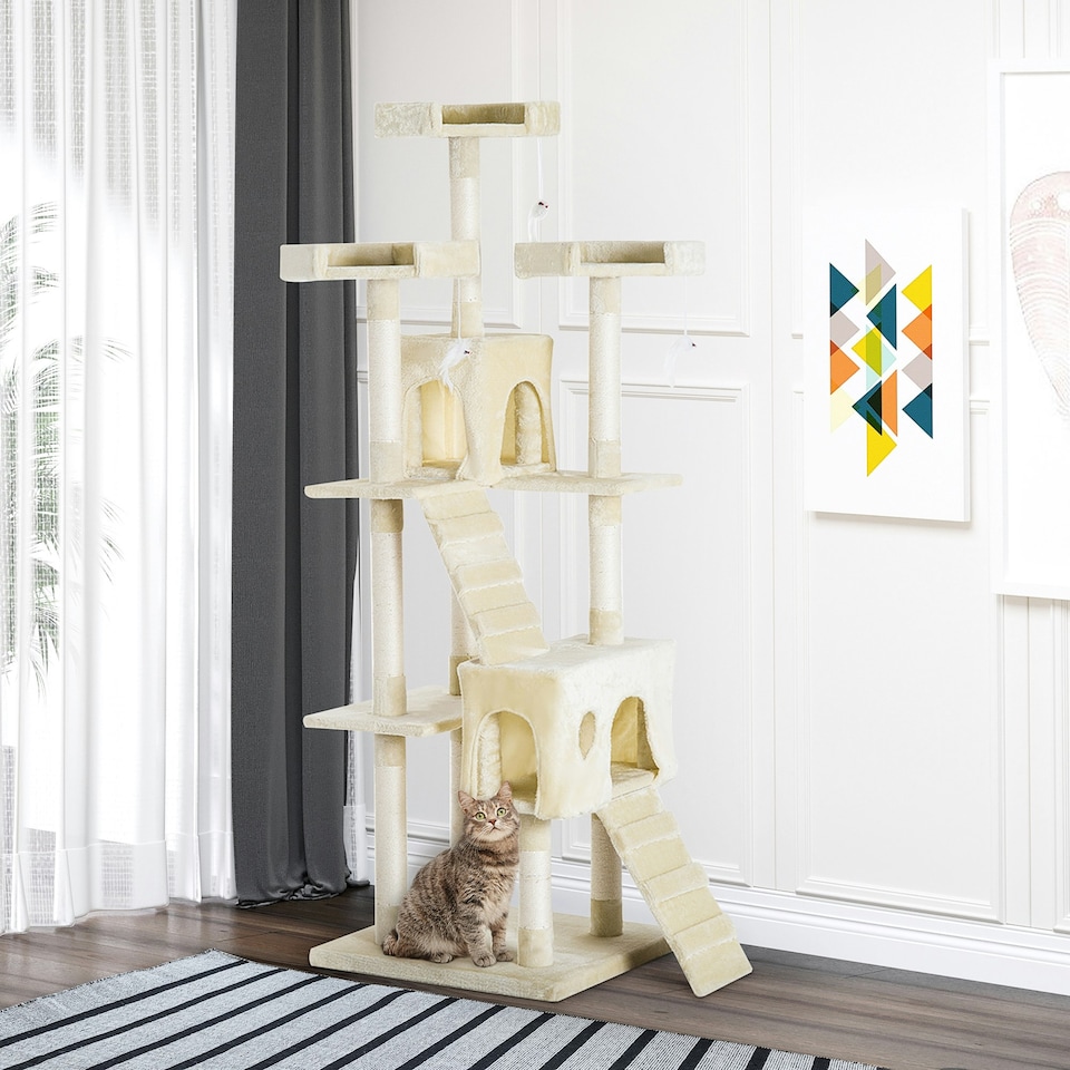 image 1 of PawHut Cat Tree, Kitten Scratch Post Climbing Tower 181 cm for Indoor, Beige