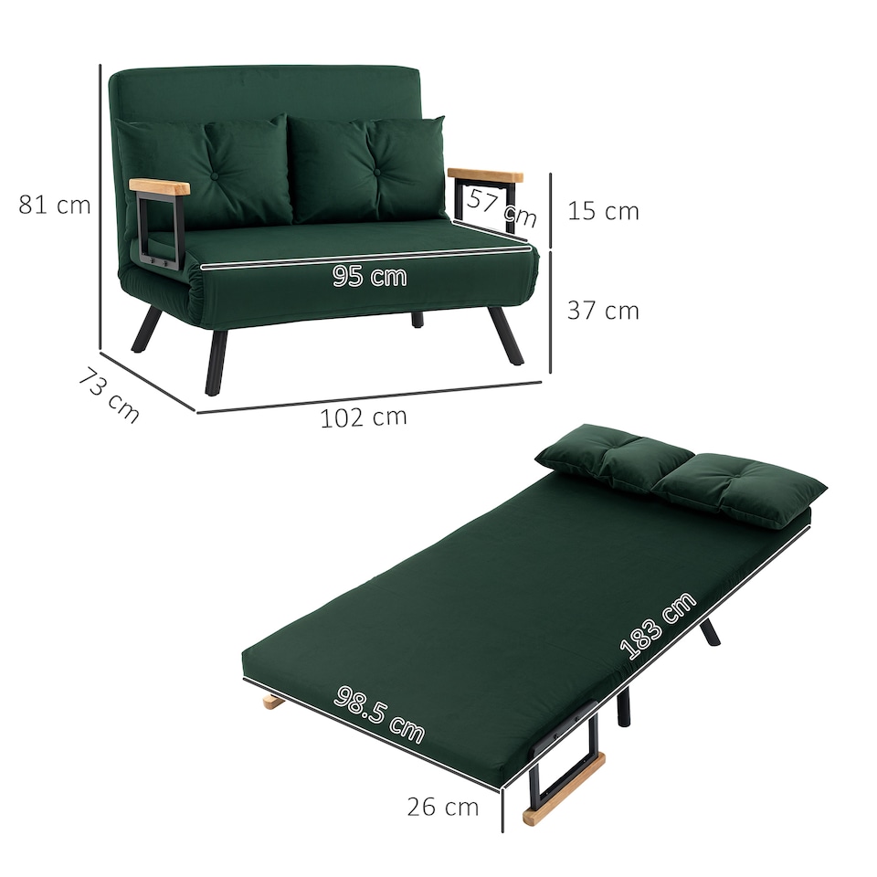 image 1 of HOMCOM 2 Seater Sofa Bed, Click Clack Convertible Bed Settee, Modern Velvet Feel Fabric Sofa Couch with 2 Tufted Cushions, Wood Armrests for Living Room, Bedroom, Guest Room, Green | Green | green | One Size