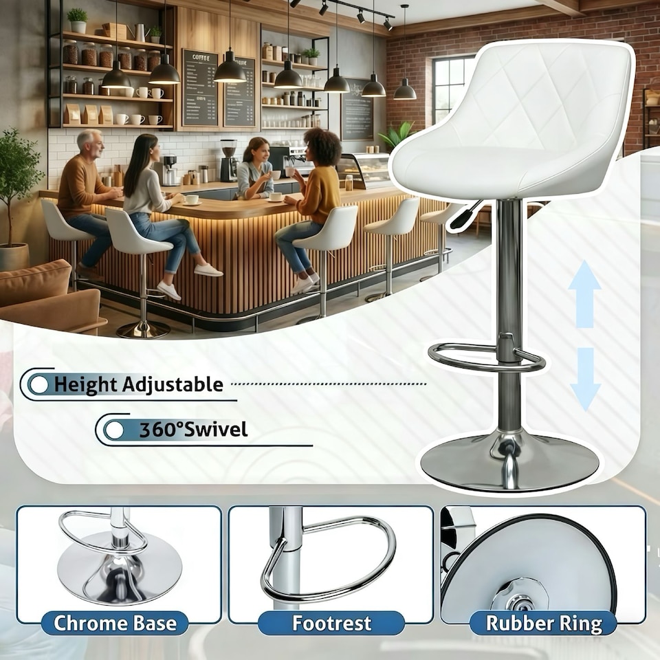 image 1 of Alivio Set of 2 Modern Chrome Adjustable Swivel Bar Stools with Footrest