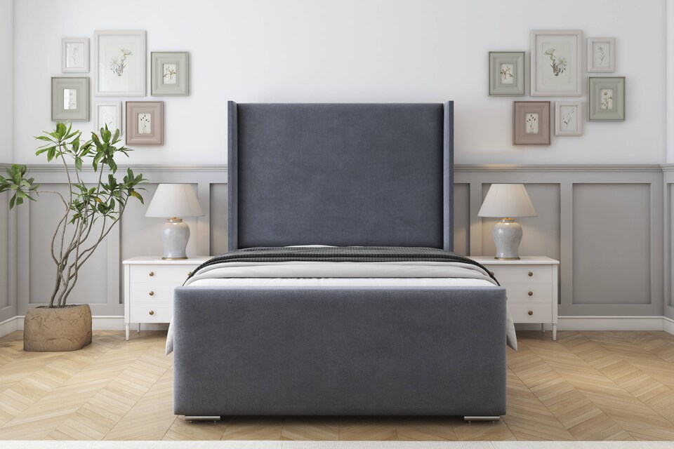 image 1 of Sloomy Devonshire Steel Plush Bed Frame With Mattress With 50"  Upholstered Wingback Headboard 2'6 Small Single
