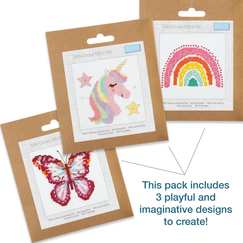 image 1 of Trimits 3Pk Cross Stitch Bundle - Rainbow, Unicorn, Butterfly, 13x13cm Beginner Kits, Complete with Threads & Instructions