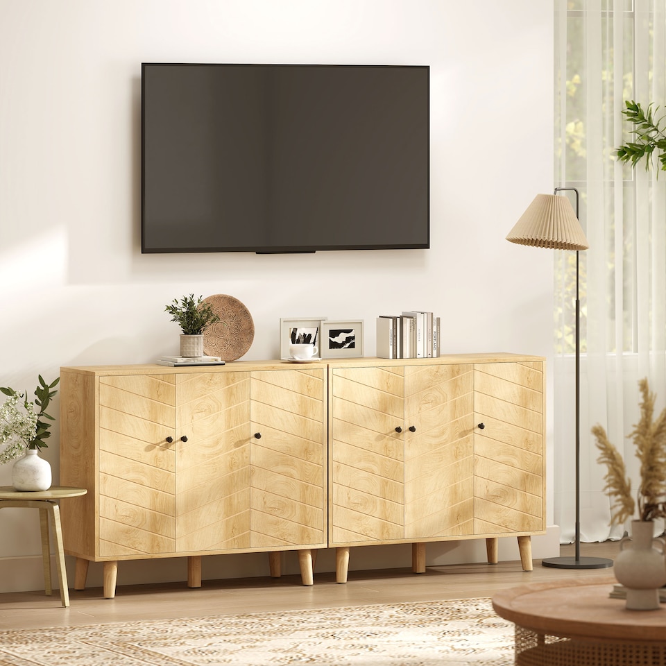 image 1 of HOMCOM Vintage Sideboard Cabinet with 3 Chevron Doors, Natural Wood Finish