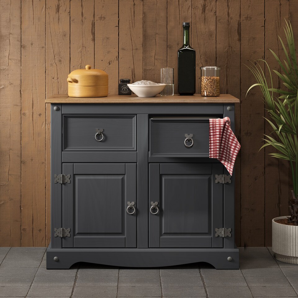 image 1 of Mercers Furniture Corona Charcoal 2 Door 2 Drawer Sideboard Cabinet Cupboard Solid Wood Pine Wooden Dark Grey with Mexican Styling