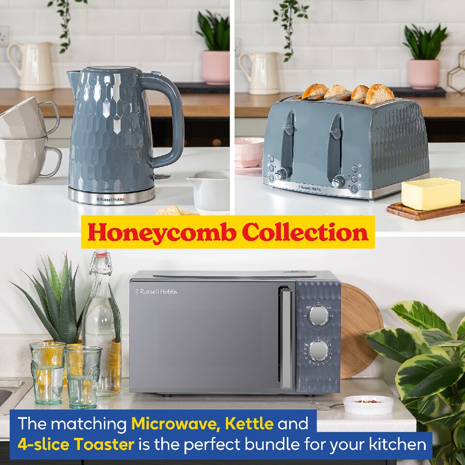image 1 of Russell Hobbs Honeycomb Bundle Set with Kettle, 4 Slice Toaster, and Microwave Grey HCBNDL4G