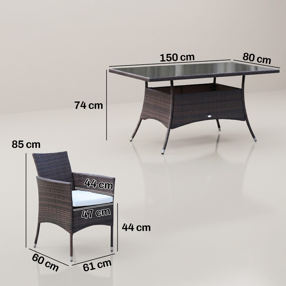 image 1 of Outsunny Rattan Dining Set for 6 with Cushions, Glass Top Table, Brown