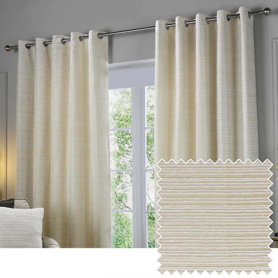 image 1 of Paoletti Jupiter Chenille Jacquard Eyelet Curtain Pair Ivory/Gold (W)229cmx (D)137cm | Cream | Ivory/Gold | One Size