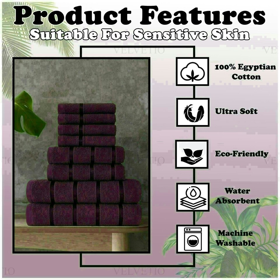 image 1 of VELVETIO 8 Piece Towel Bale Set Boston Shiny Stripe Pattern - 100% Cotton, 450 GSM Purple | Aubergine