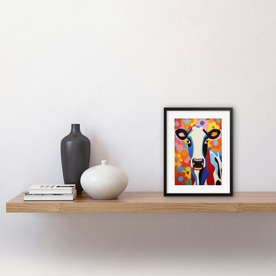image 1 of Colourful Cow Portrait Bright Bold Floral Folk Art 9x7" Black Framed Wall Art Print
