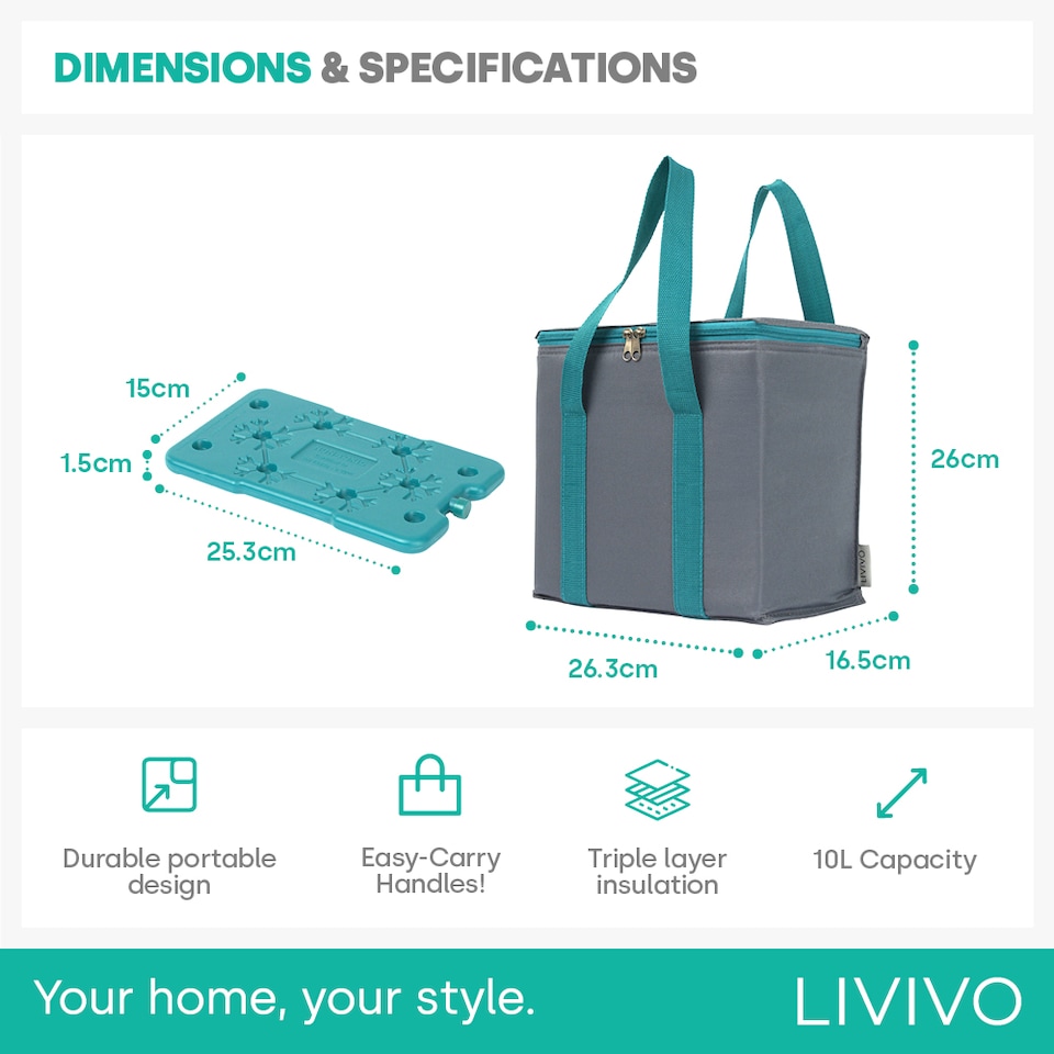 image 1 of LIVIVO 10L Cool Bag with BPA Free Ice Block Grey and Teal