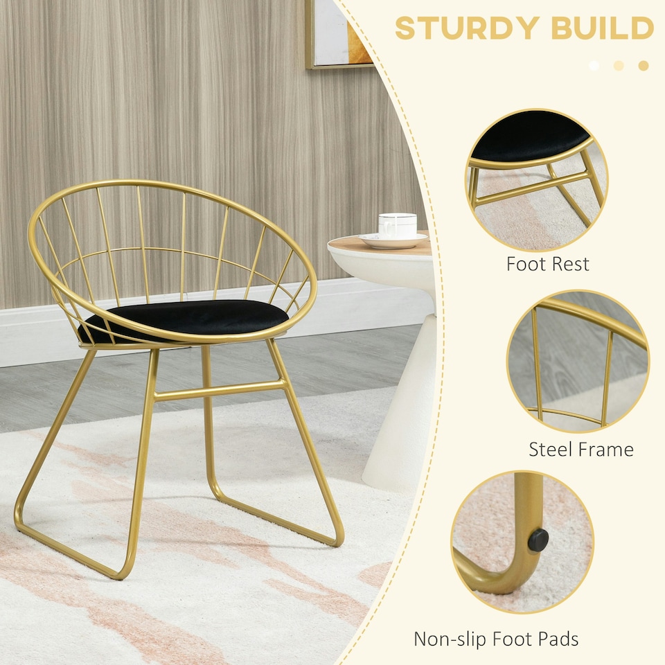 image 1 of HOMCOM Metal Wire Dining Chairs Set of 2, Steel Frame for Kitchen Gold