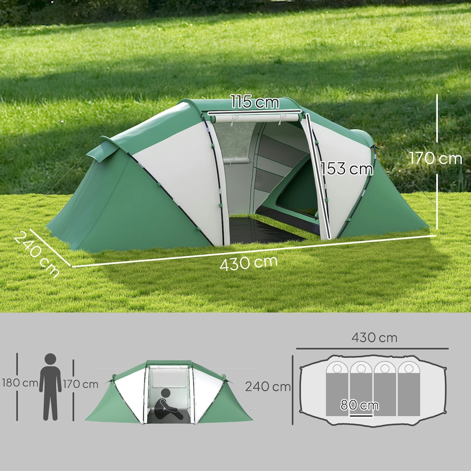 image 1 of Outsunny 4-6 Persons Camping Tent Dome Family Travel Group Hiking Room Fishing Green | Green and White
