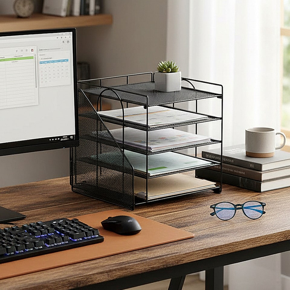 image 1 of Living and Home 5-Tier Desktop Organiser with Vertical File Sorter | Black