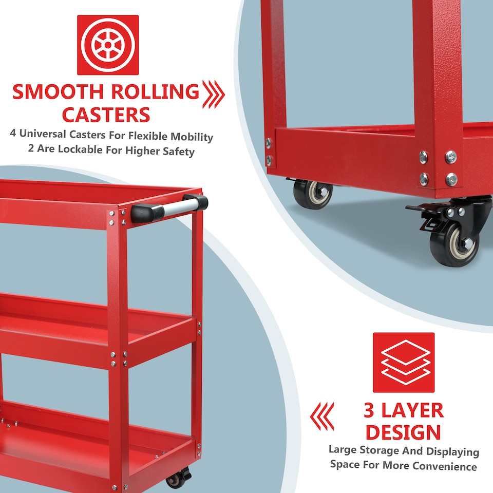 image 1 of Tool Storage Heavy Duty Garage Trolley Workshop 3 Tier Wheel Cart DIY Red