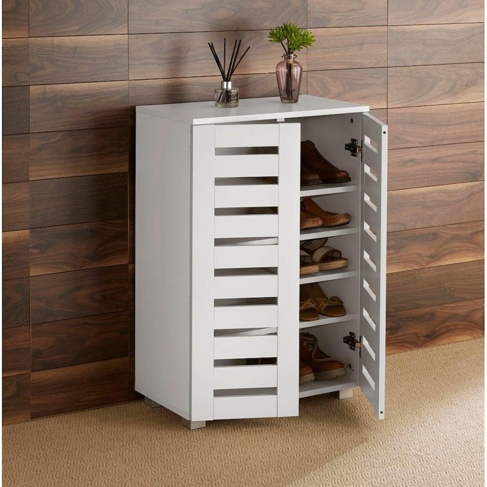 image 1 of Oslo 2 Door Wooden Shoe Storage Cabinet Rack Stand Cupboard Slatted Doors | White