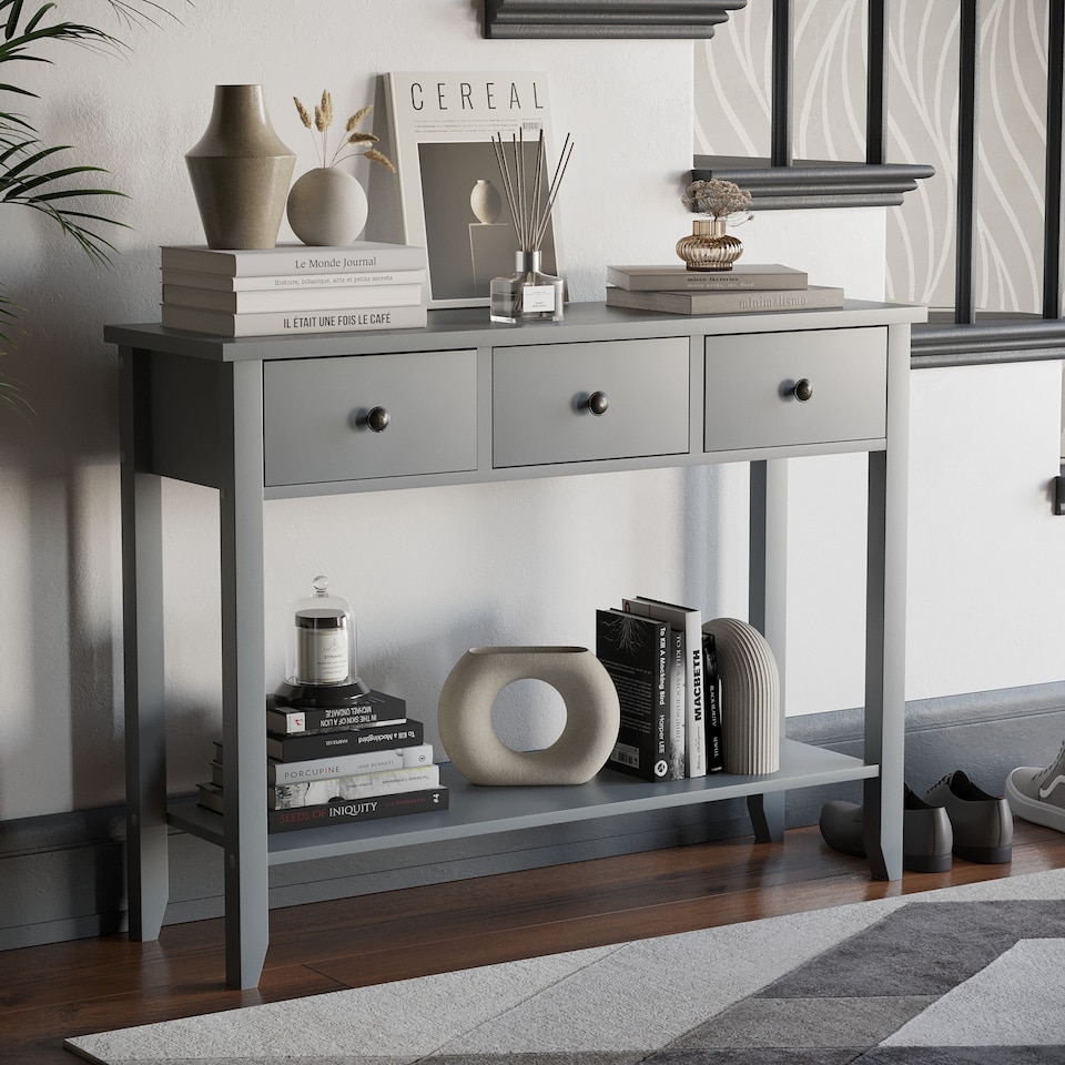 image 1 of Vida Designs Windsor 3 Drawer Console Table With Shelf, Grey