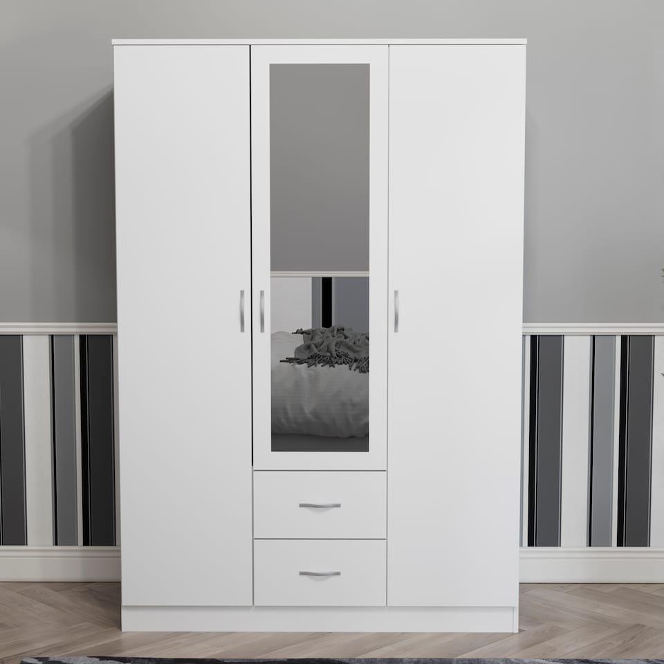 image 1 of Vida Designs Riano 3 Door 2 Drawer Mirrored Wardrobe With Shelf & Clothes Rail, White