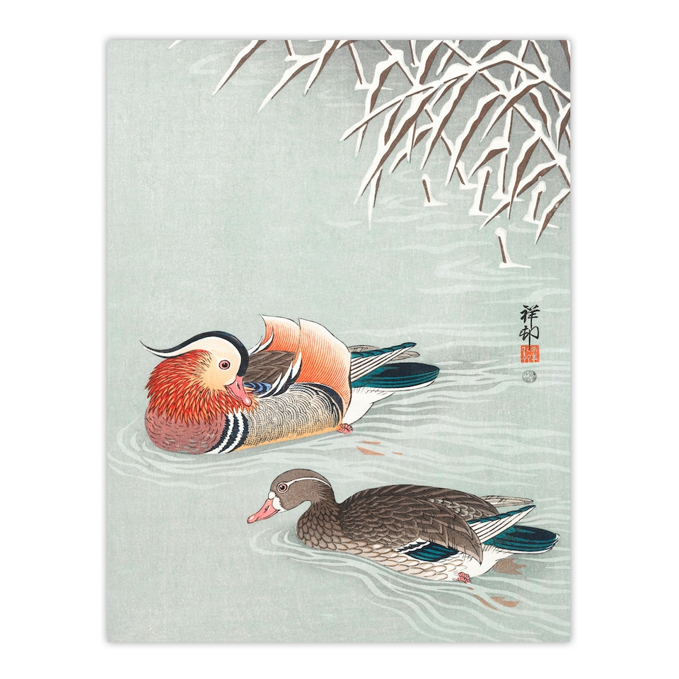 image 1 of Ohara Koson Framed Wall Art Print Two Mandarin Ducks in Snow Home Décor