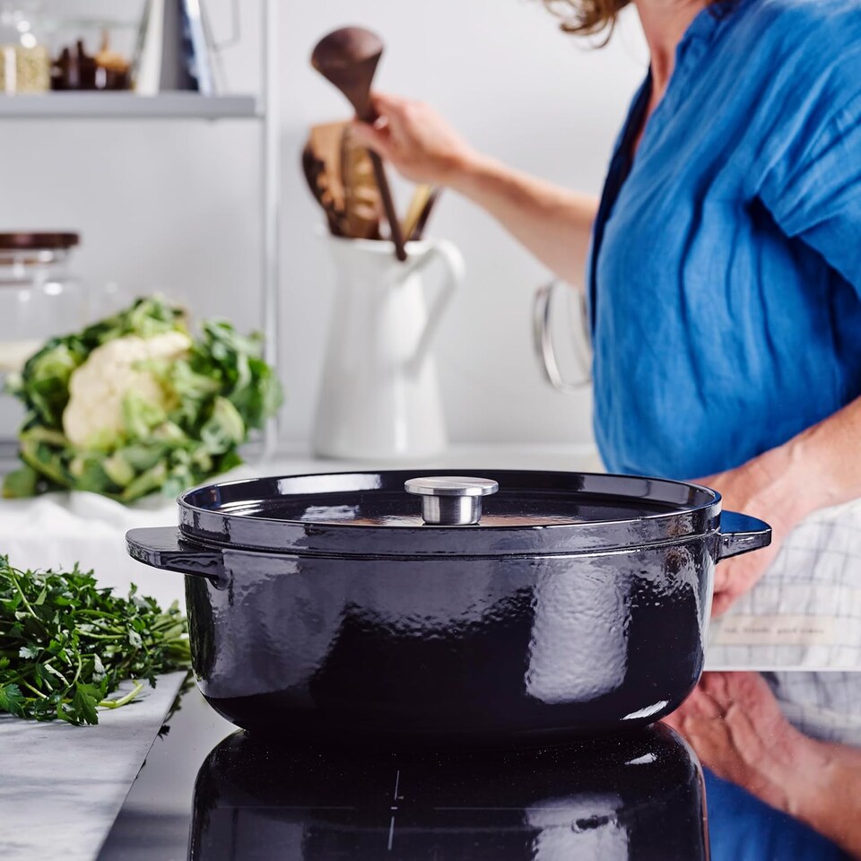 image 1 of KitchenAid Cast Iron Casserole Dish, Non-Stick 30cm, 5.6L Cooking Pot with Lid, Onyx Black