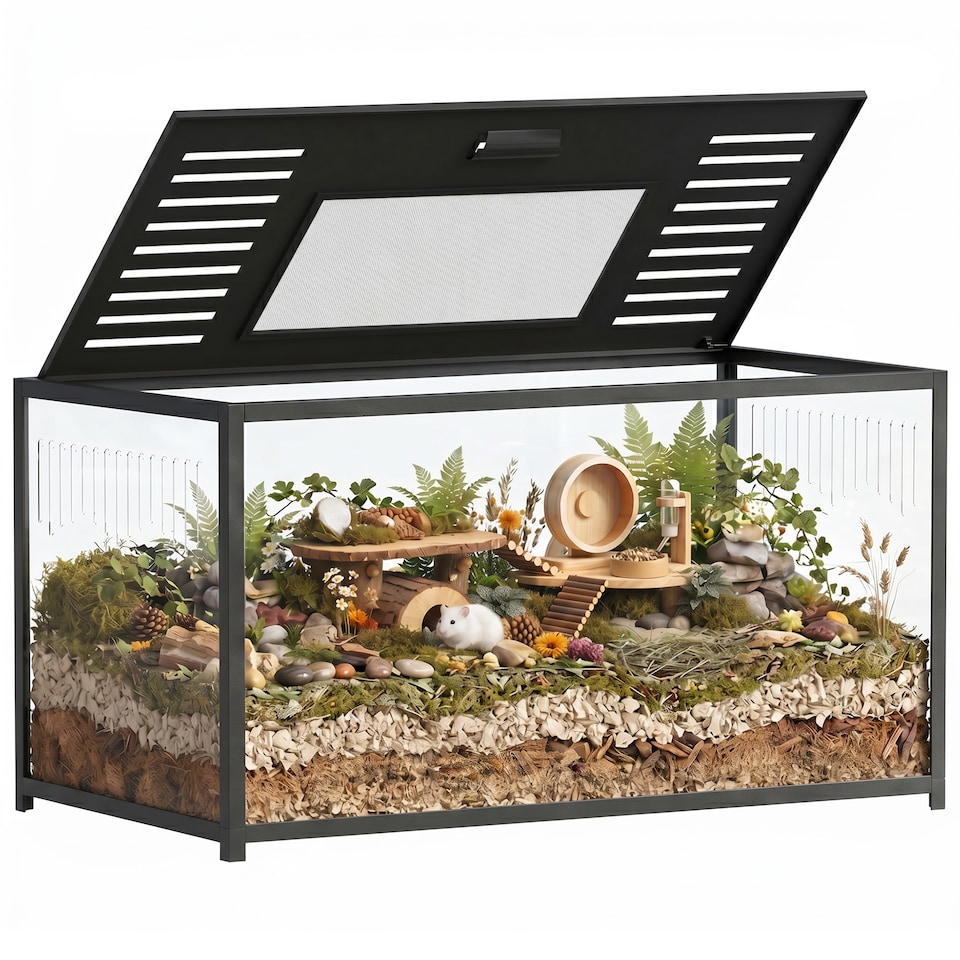 image 1 of PawHut Large Hamster Cage, Chewproof Metal Rat Cage with Openable Top, Black