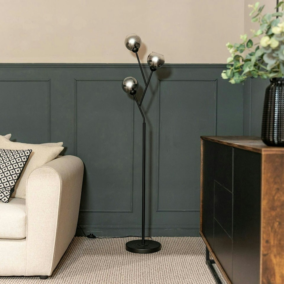 image 1 of ValueLights Aria Matte Black 3 Way Floor Lamp with Smoked Grey Globe Shades