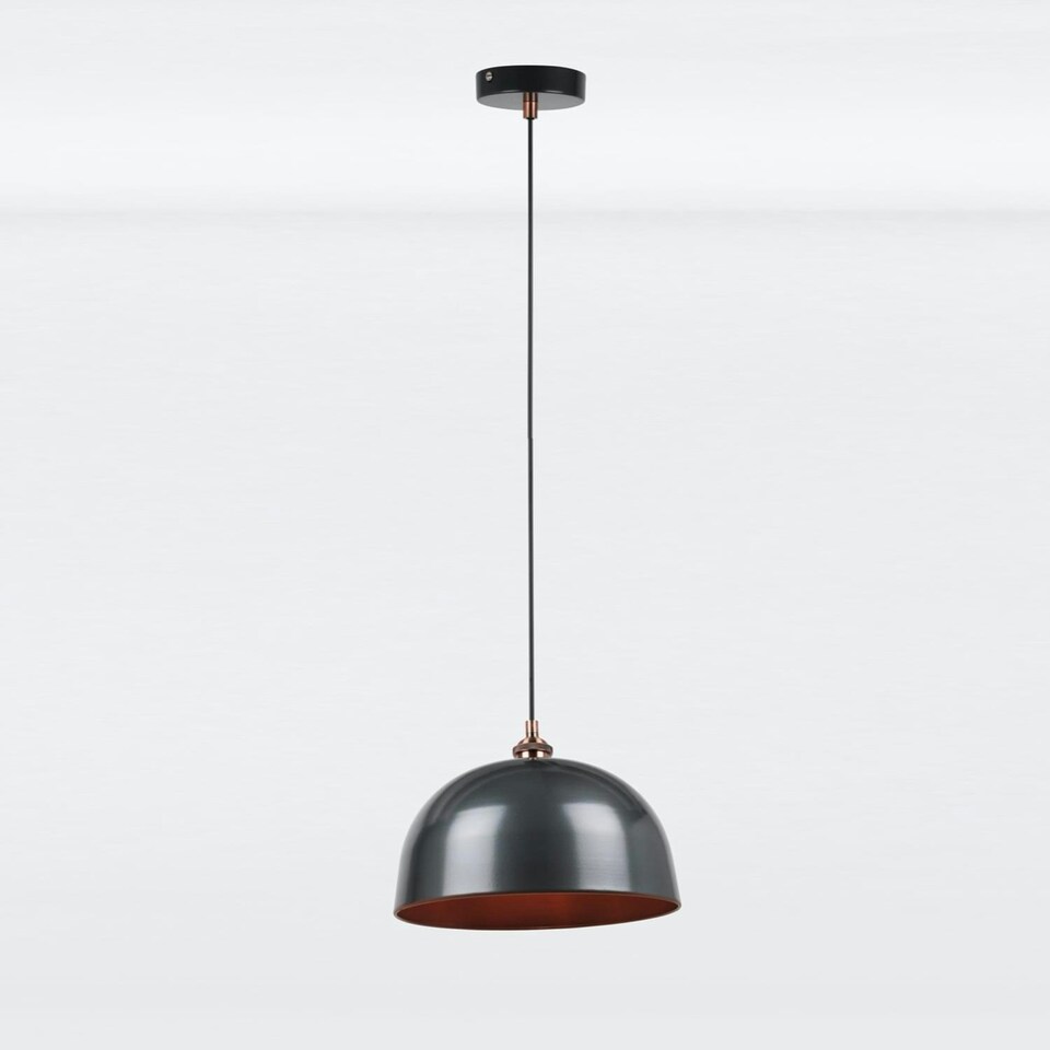 image 1 of First Choice Lighting Pair of Industrial Nickel with Copper Detail Dome Pendants Silver | Copper