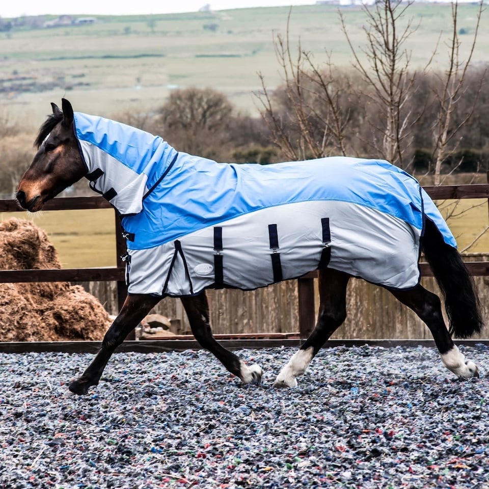 image 1 of eQuitack 600D 2 in 1 Waterproof Fly Turnout Mesh Horse Rug Fixed Neck Blue/Grey 6'0''