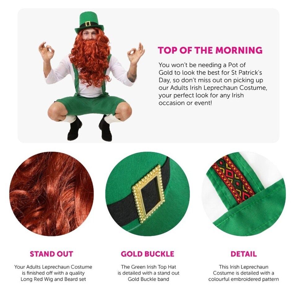 image 1 of Irish Leprechaun Costume & Red Beard Green | M