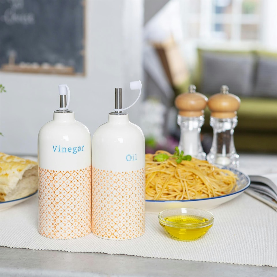 image 1 of Nicola Spring 2 Piece Hand-Printed Oil & Vinegar Pourer Bottles Set - 500ml - Orange