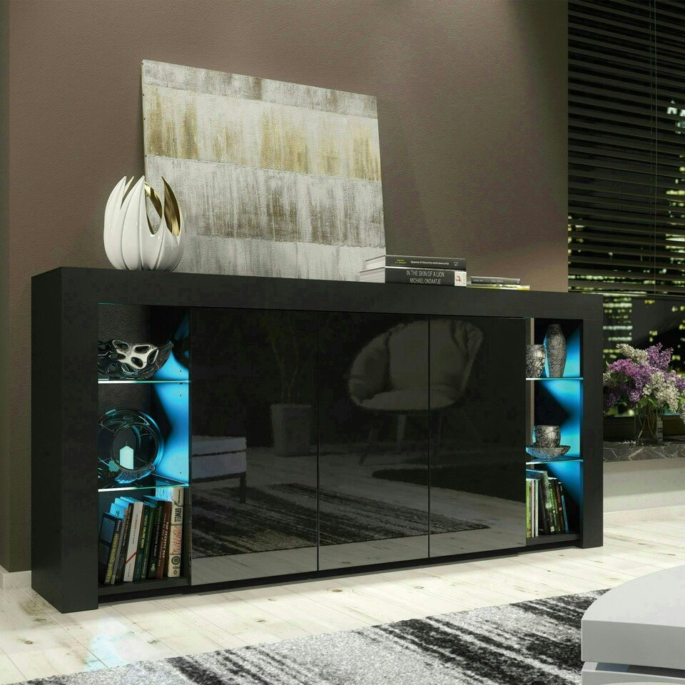 image 1 of Black Sideboard 164cm Gloss Doors Free LED Modern Storage Unit Black