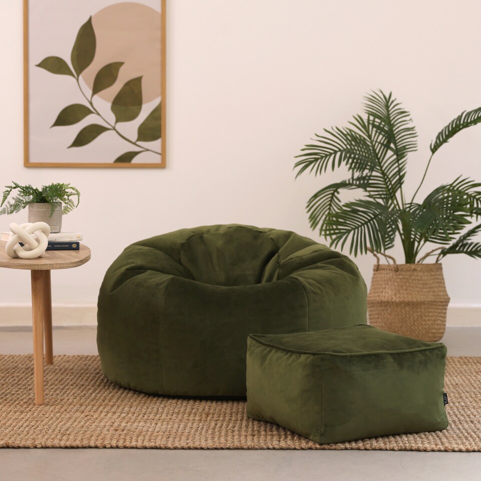 image 1 of Kingston Classic Velvet Bean Bag Chair & Pouffe Olive Green Bean Bag Chair | Green | Olive Green | 2