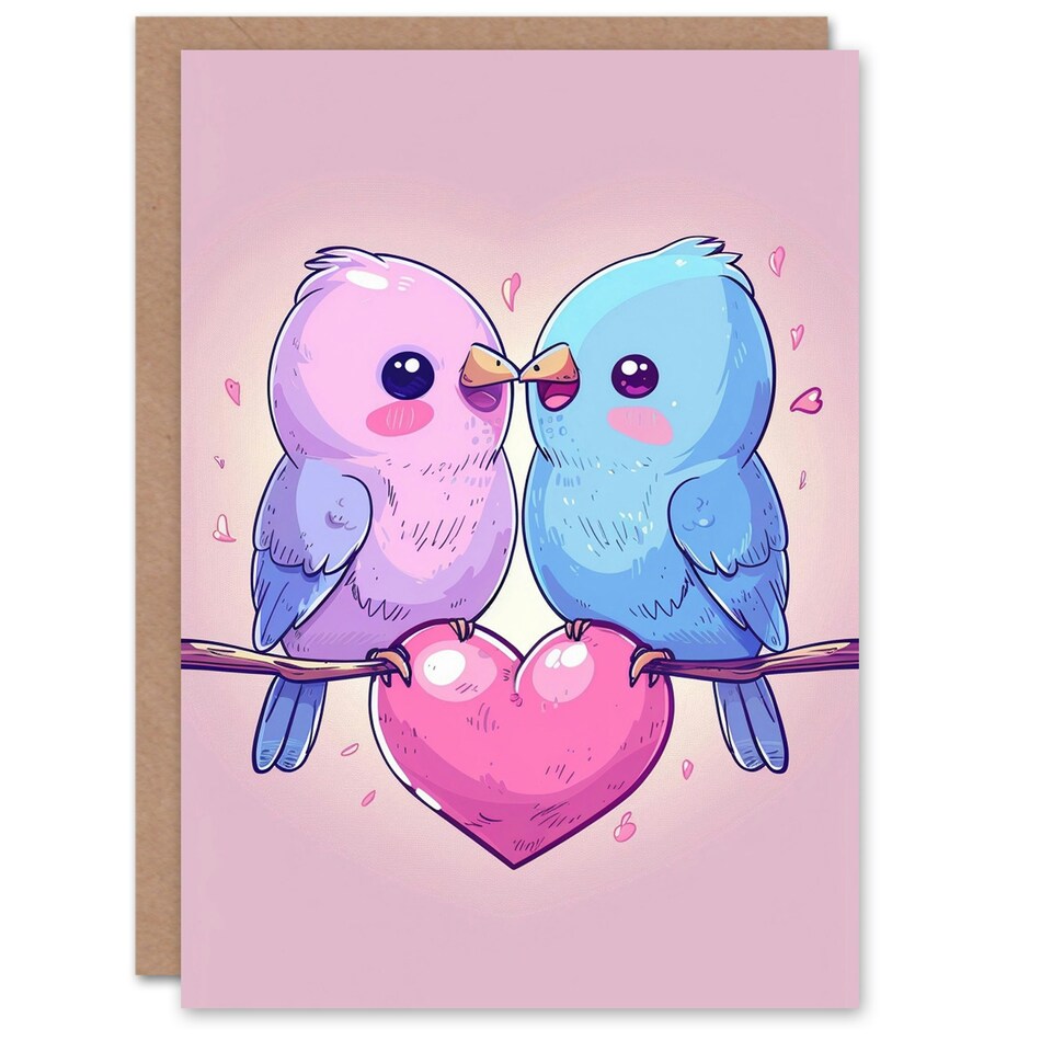 image 1 of Adorable Kawaii Birds Cartoon Kissing Anniversary Valentines Day Card