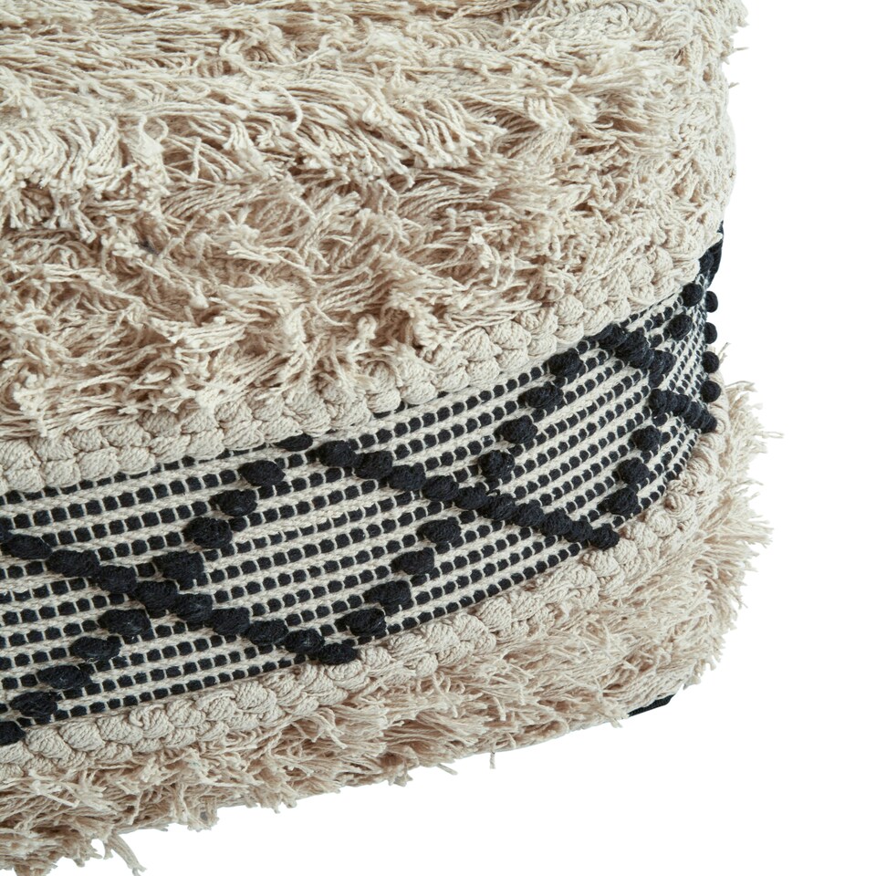 image 1 of Cefena Black and White Shaggy Pouffe Cream