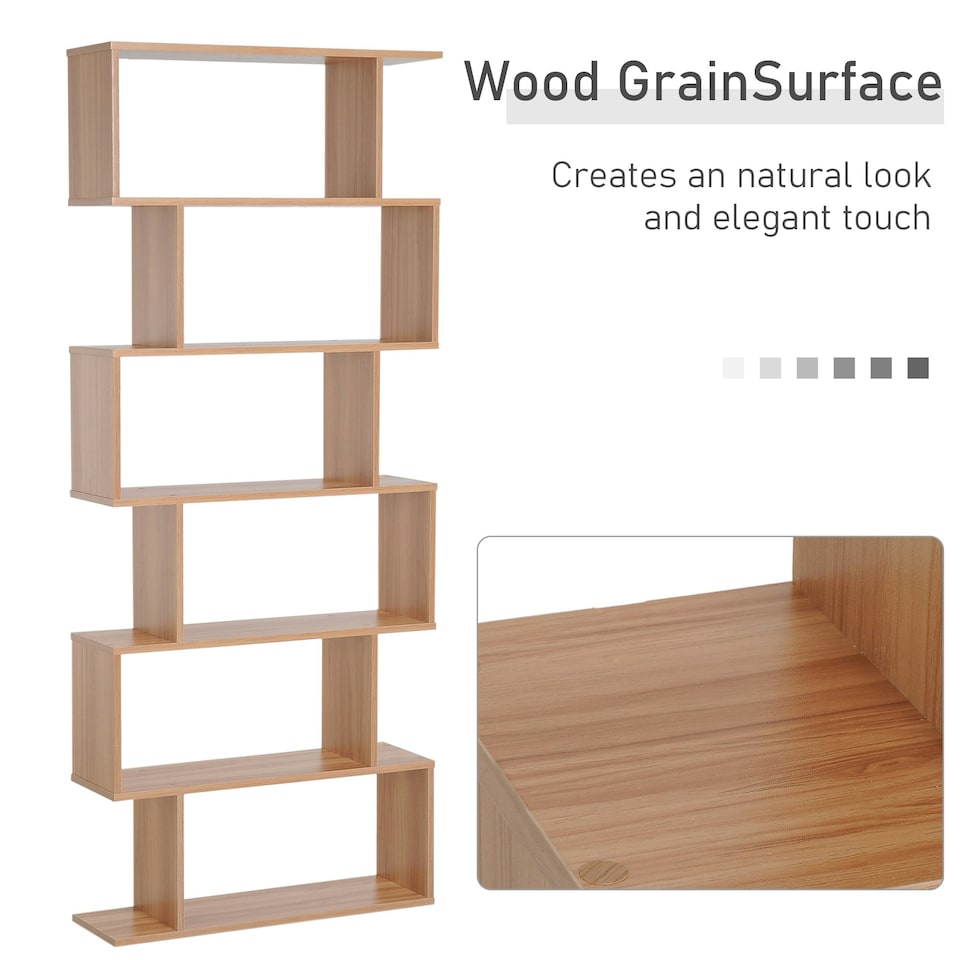 image 1 of HOMCOM 6-Tier Wooden Modern S-Shaped Shelf Storage Unit Home Office Maple Colour