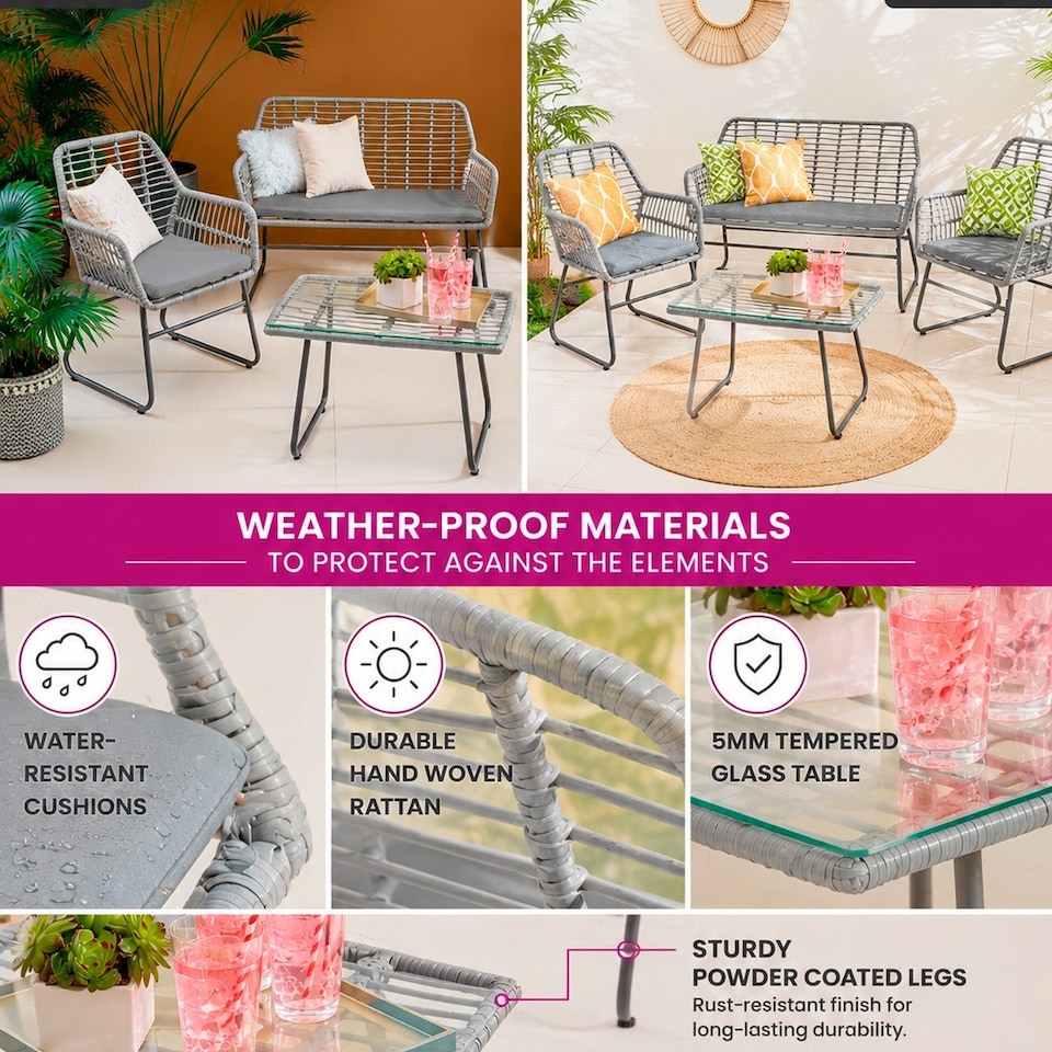 image 1 of Neo Grey 4 Piece Wicker Bamboo Style Garden Sofa, Table & Chairs Set