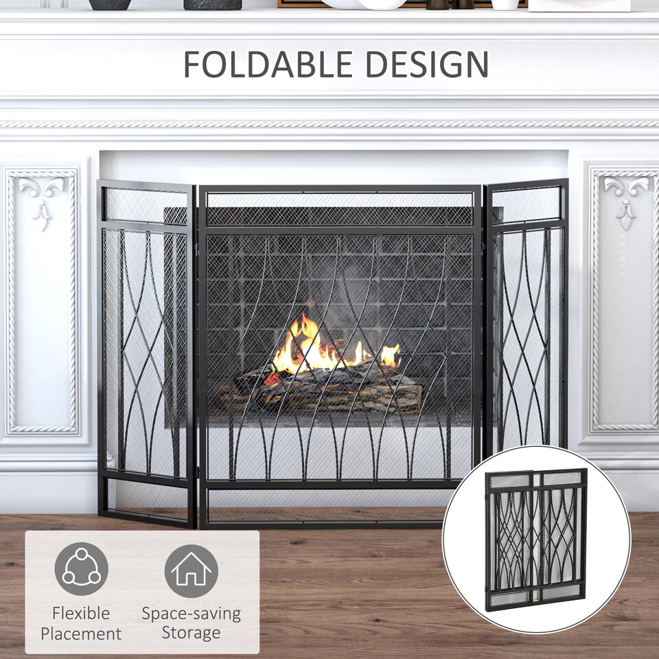 image 1 of HOMCOM 126cm 3-Panel Metal Folding Fireplace Screen Heat Flame Protective Guard Child Pet Home Spark Barrier Surround w/ Mesh Pattern